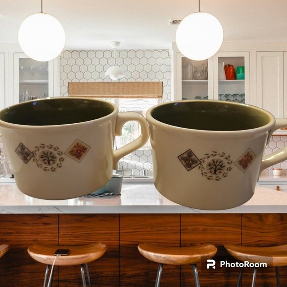 Vntg MCM Retro Taylor Smith Taylor Brocatelle Flat Coffee Cups Mugs Olive Green - Picture 1 of 7